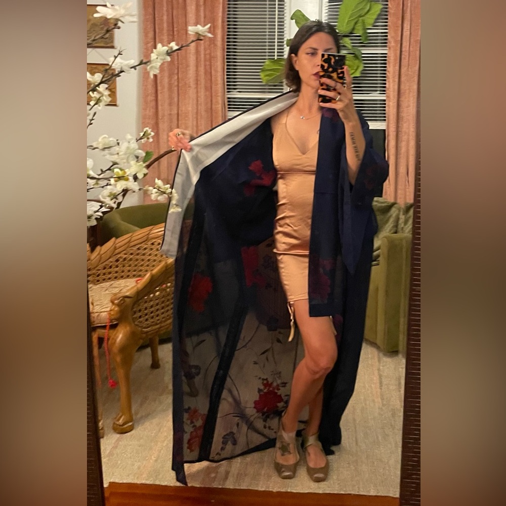 antique Sha silk semi sheer kimono midnight blue shimmer flower usomono